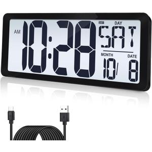 15 Inch Large Rechargeable Digital LCD Wall Clock with Backlight Glow in the Dark,Night Light Wall Clock with Week,Date & Temperature,DST,Alarm Display for Living Room, Bedroom, Gift for Elderly (Black)