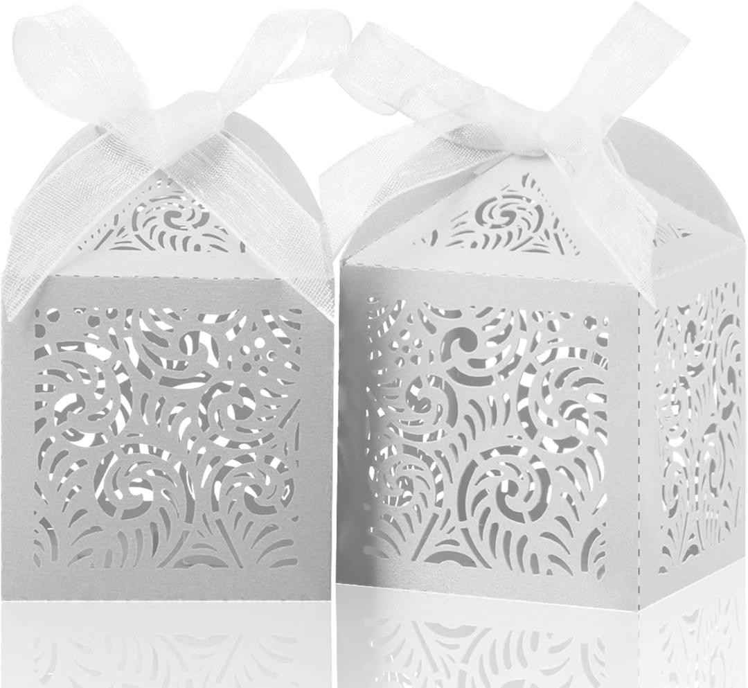COTOPHER 100Pcs Laser Cut Favor Boxes, 2x2x2.75in Small Gift Boxes for Presents, Party Wedding Favors Boxes with Ribbon, Mini Candy Boxes for Event Bridal Shower Anniversary Birthday Christmas, White
