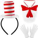 3-Piece Cat Headband with Red and White Striped Hat Furry Bow Tie and White Gloves Costume Accessory Kit Book Character Costume Set for 100 Days Reading Day Halloween Parties