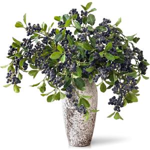 4Pcs 33"Artificial Blueberry Stems, Faux Blueberries Fruit Branch(Blue) | DIY Bouquet, Highly Realistic, Vivid and Lush, Fake Flower Picks, for Vase/Window/Table Centerpiece/Kitchen/Shower/Home Decor