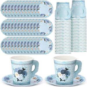 200 Pcs Floral Paper Tea Cups and Saucers 7 oz Disposable Tea Party Decorations Vintage Cute Paper Tea Cups and Plates with Handles for Girls Wedding Baby Bridal Shower Birthday, Serve 100(Blue)