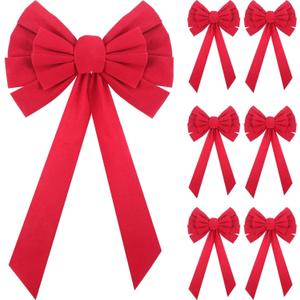 WILLBOND 6 Pieces Large Bow Velvet Christmas Bows Hanging Holiday Xmas Bows for Christmas Wreaths Decoration or Tree Toppers Indoor Decor Party Supply, 9.8 x 17.7 Inch(Red) (Red)