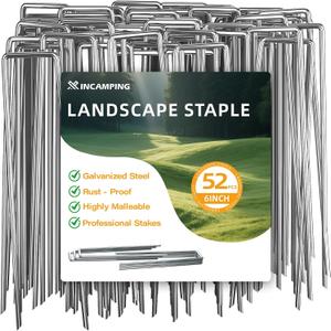 52 Pack 11 Gauge Landscape Staples - 6 Inch Heavy Duty Galvanized Garden Stakes, Adjustable Rust-Proof U-Shaped Plant Cover Spikes & Sod Pins for Weed Barrier, Fabric, Yard