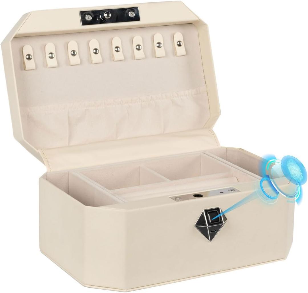 Jewelry Safe，Biometric Fingerprint safe, Leather Wrapped Jewelry Box with Lock, Quick-Access & Keyless Entry(Two-Tier White)