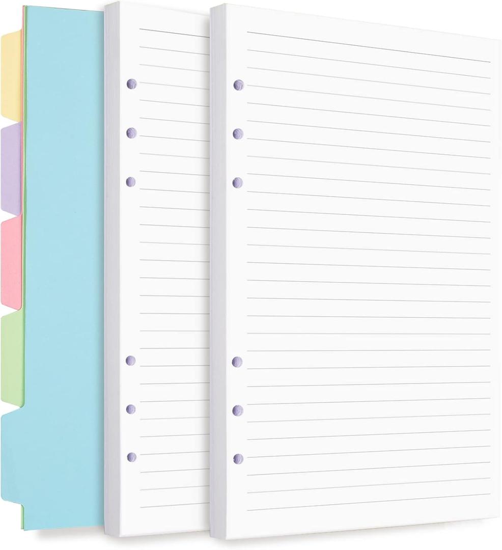 A5 Refill Paper, Planner Inserts for A5 Binder Budget Planner Journals Notebook, 6 Ring Loose Leaf Lined Paper with Binder Dividers, 240 Pages (White)