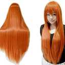 ANOGOL Hair Cap+32 in/ 80 cm Long Straight Orange Wig with Bangs Synthetic Hair Peluca Naranja Cosplay Wigs for Anime Cosplay Wig Long Ginger Wigs with Bangs for Halloween Women Ginger Costume Wigs