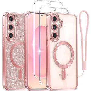 Meifigno Designed for Samsung Galaxy S25 Plus Case, [Compatible with MagSafe] [2X HD Screen Protectors] [Glitter Card & Wrist Strap] Surround Raised Lens Protection Case for S25 Plus 6.7", Rose Gold