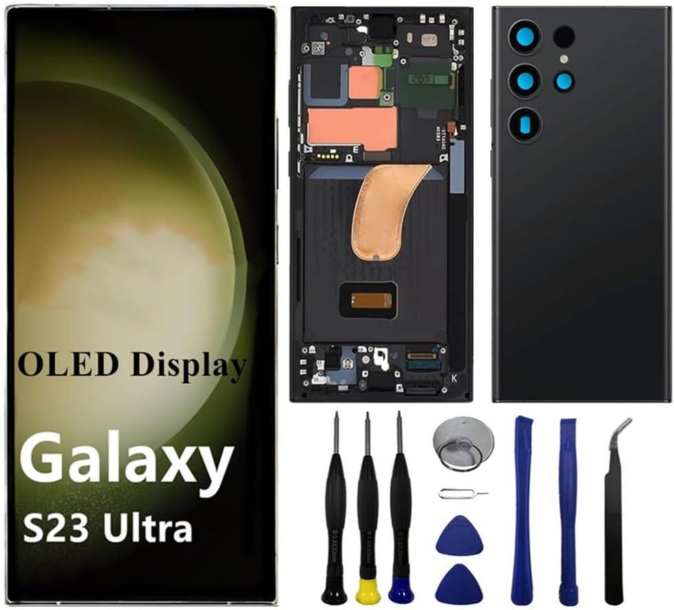 OLED for Samsung Galaxy S23ultra 5G S918U S918U1 S918E LCD Display Touch Screen Digitizer Assembly S23 Ultra Screen Replacement Support Fingerprint+S-Pen (with Black Frame+Back Cover+Tools)