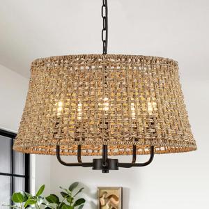 Hand-Woven Rattan Chandelier Vintage Farmhouse Boho Bamboo Chandeliers Light Fixture Retro Drum Wicker Rattan Black Chandelier for Dining Room, Kitchen, Living Room (Black 19.7in)