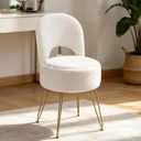 LITZFUR Round Vanity Stool with Storage & Folding Back, White Makeup Chair | Teddy Fleece Vanity Chair with 4 Gold Legs, Footrest Stool, Storage Seat for Bedroom, Living Room, 15.7×15.7×19.5 Inches
