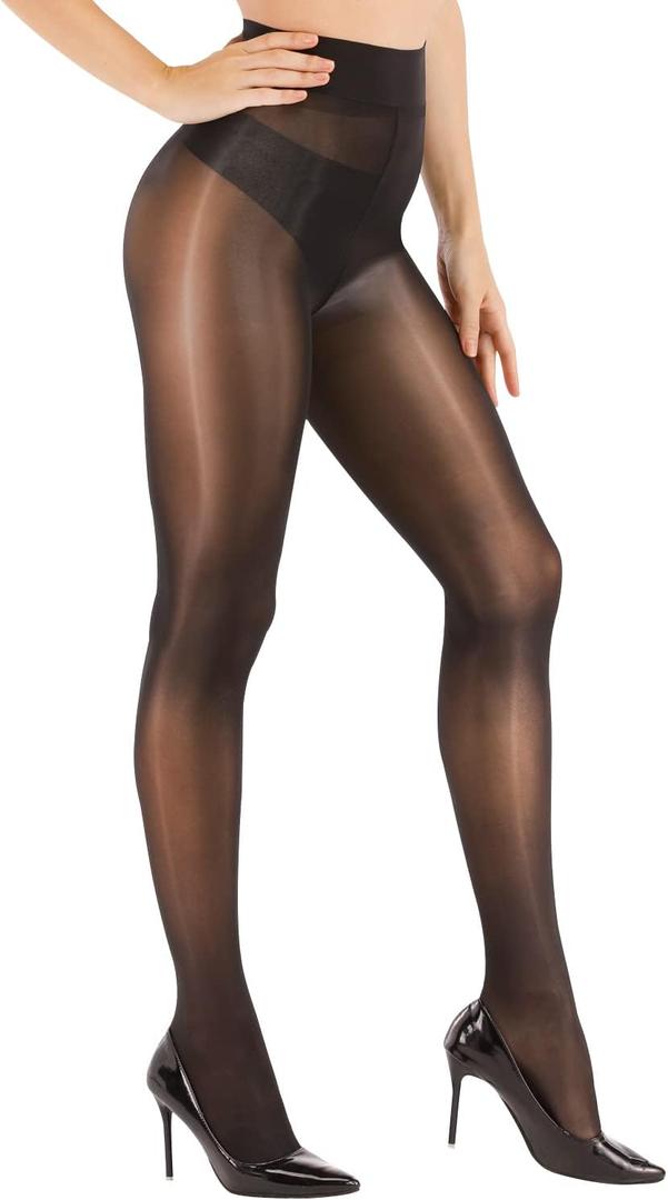ARRUSA Women's Super Sexy Shiny Sheer Control Top Footed Tights Silk Stockings Ultra Shimmery High Waist Pantyhose (Black)
