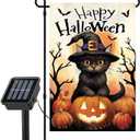 Solar LED Lights Happy Halloween Pumpkin Black Cat Garden Flag Double Side 12"x18" Flag16LED Warm White lights and 8modes Solar Panel for Garden, Patio, Yard, Lawn Halloween Decorations home Decor (cat)