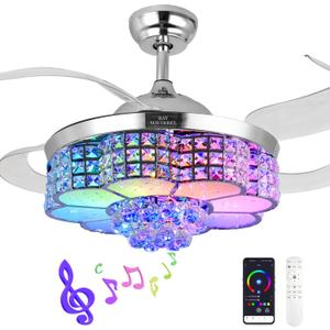 BAYSQUIRREL Retractable Ceiling Fan with Light and Remote/APP Control, Bluetooth Ceiling Fans with Speaker, RGB-LED Light 6 Speeds Reversible Blades,Flush Mount Chandelier Crystal Ceiling Fan
