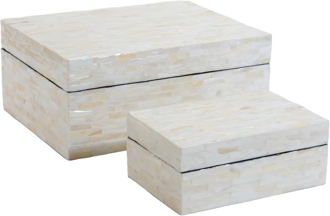 PEMAR Set of 2 Mother of Pearl Decorative Boxes w Lids, Handmade Mosaic Keepsake Jewelry Box Rectangular Treasure Chest, Shelf Decorative Wooden Box for Memory Tea Bags Coffee Accessories (White)
