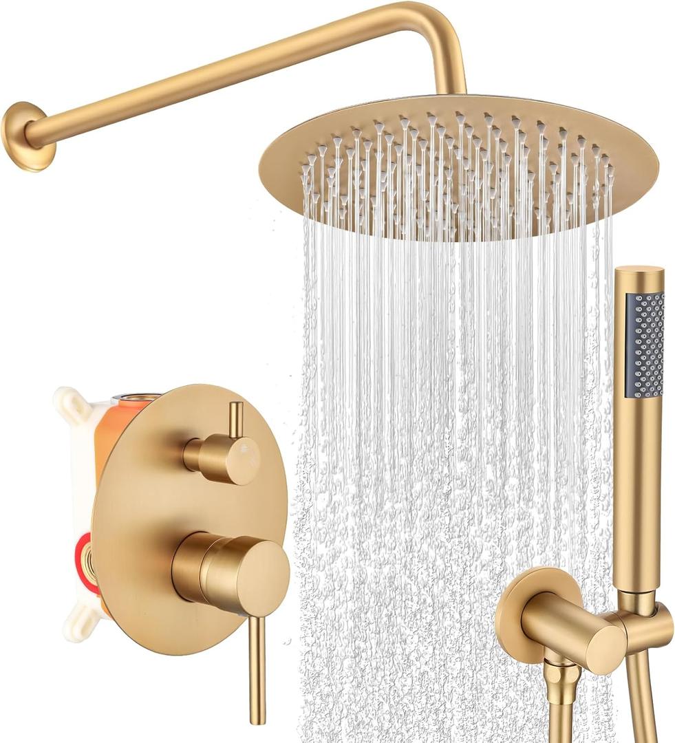 Brushed Gold Shower Faucet Set, Bathroom Rainfall Shower System Fixture 10 Inch High Pressure Round Rain Shower Head with Handheld Sprayer Combo Wall Mount with cUPC Certified Rough-in Valve