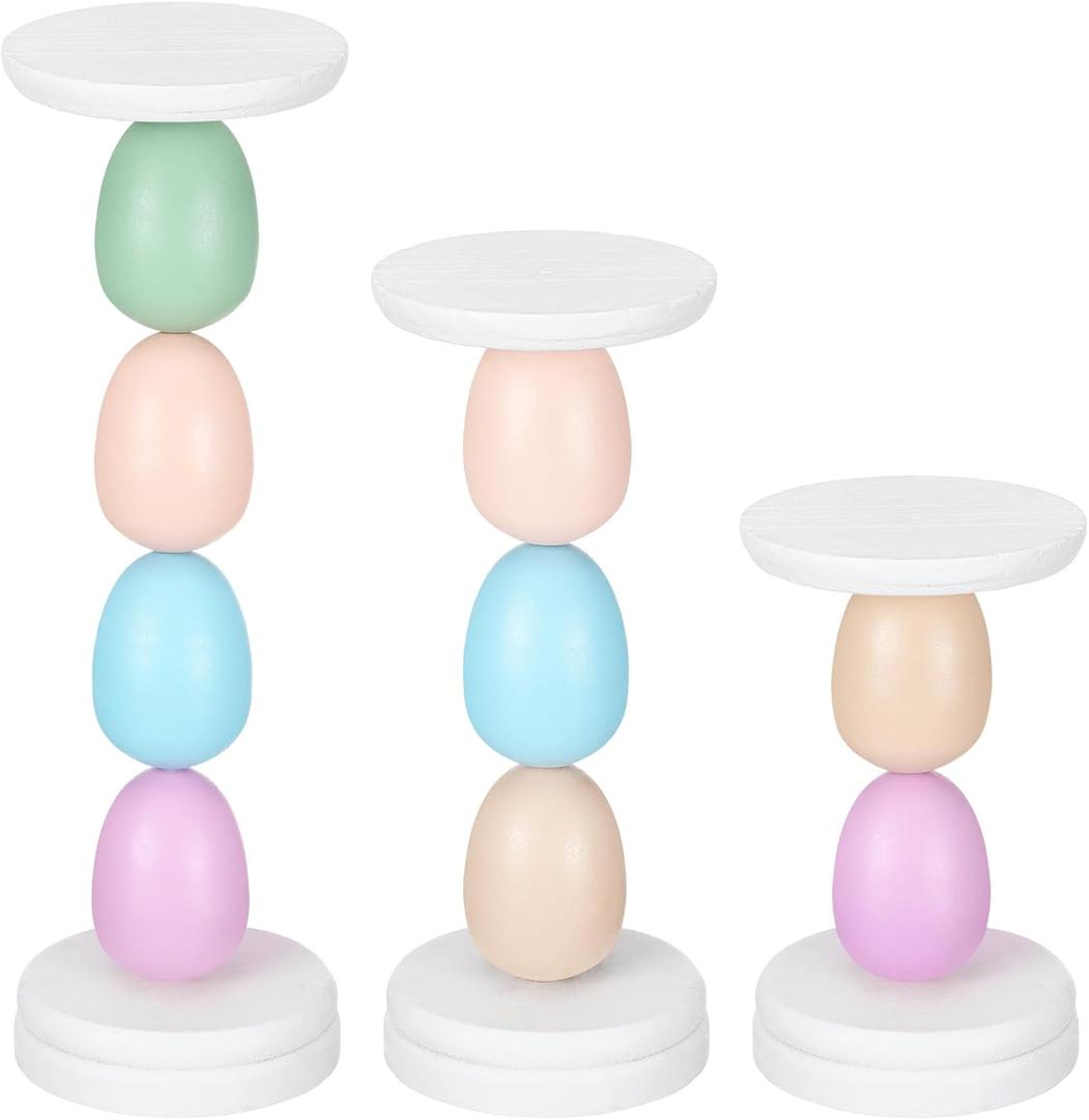 3 Pack Colorful Easter Egg Candle Holders for Pillar Candles 6" 8" 10" Wood Pillar Candle Holder Centerpiece Pastel Eggs Candlestick Holder for Fireplace Home Easter Spring Table Decoration