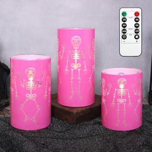 Glass Flameless Candles Halloween Gothic Decor Battery Operated Electric Flickering Candles with Remote Control Pink Funny Skeleton Spooky for Home Party Haunted House Bedroom, Set of 3