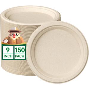 JOLLY CHEF 100% Compostable Paper Plates, 150 Pack 9 Inch Heavy Duty Plates, Disposable Biodegradable Eco-Friendly Sugarcane, Bulk Nature