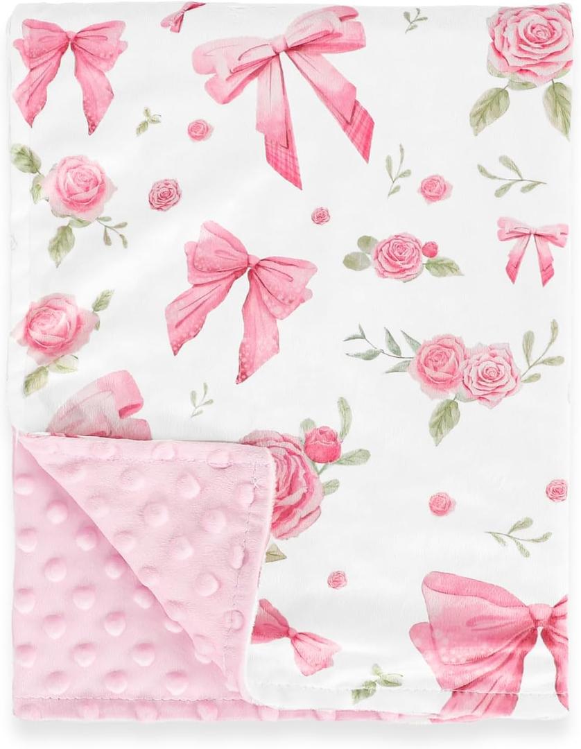 Jundetye Baby Blanket for Girls, Soft Plush Floral Newborn Blankets with Pink Dotted Backing, Toddler Nursery Stroller Crib Receiving Blankets Infant, Pink Rose, 30"x40"