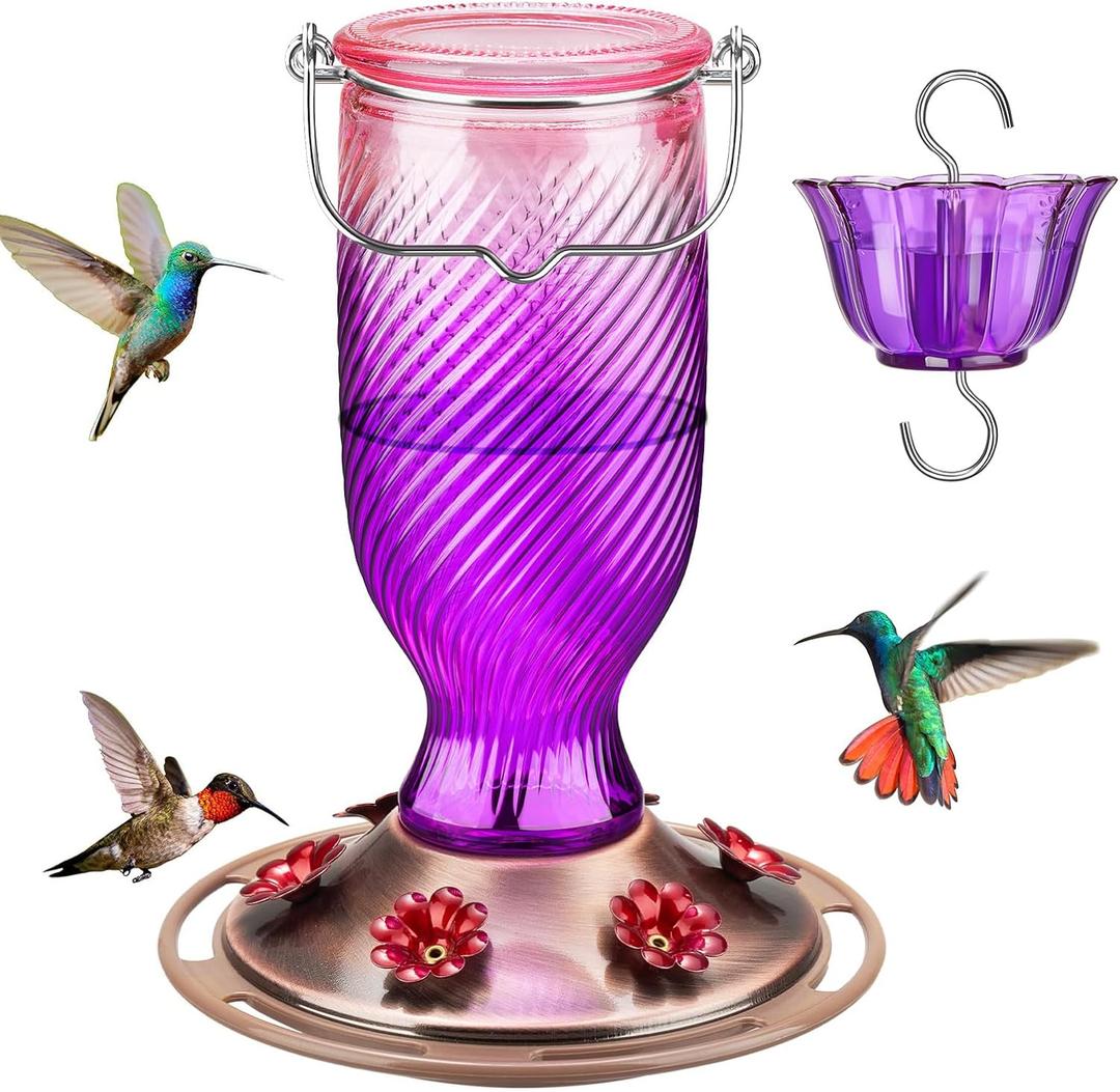 Kingsyard Glass Hummingbird Feeders for Outdoors, 24 oz Hummingbird Nectar Feeder for Outdoors Garden Yard Dcor, 6 Feeding Ports, Ant Moat Included, Easy to Clean & Refill, Purple