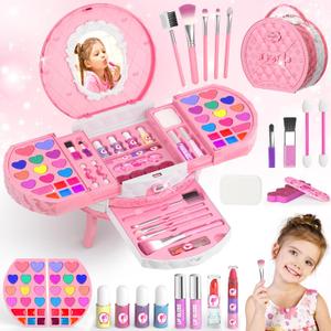 PERRYHOME Kids Makeup Kit for Girl, 59 Pcs Washable Real Cosmetic Set with Mirror, Non-Toxic Kids Makeup Set, Toddler Nail Polish Kit, Princess Makeup Toys & Birthday Gifts for 3-12 Years Old (Pink)