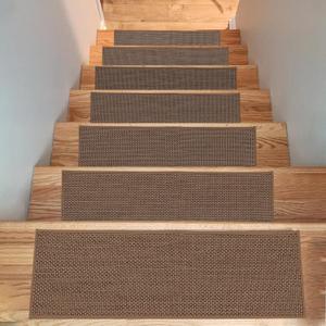 Non-Slip Stair Treads for Wooden Steps Indoor, 4 Pack 8x30in Carpet Stair Treads with Reusable Adhesive, Stair Runners for Wooden Steps Non Slip for Kids Elders and Pets,Machine Washable, Brown Weave