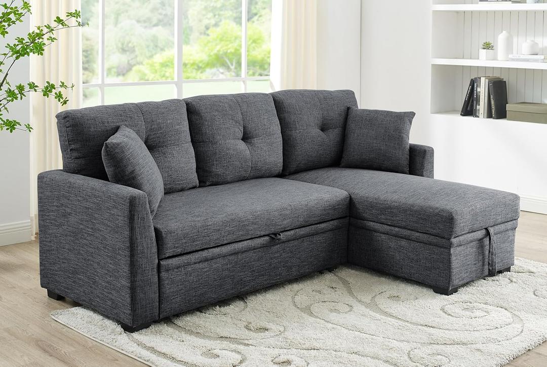 ERYE 83-inch Pull Out Sleeper Couch Bed, L-Shaped Corner Reversible Sleeper Sectional Sofa Polyester Blend Tufted Upholstered Convertible Sofa Bed with Storage Chaise for Home Apartment Living Room, Grey