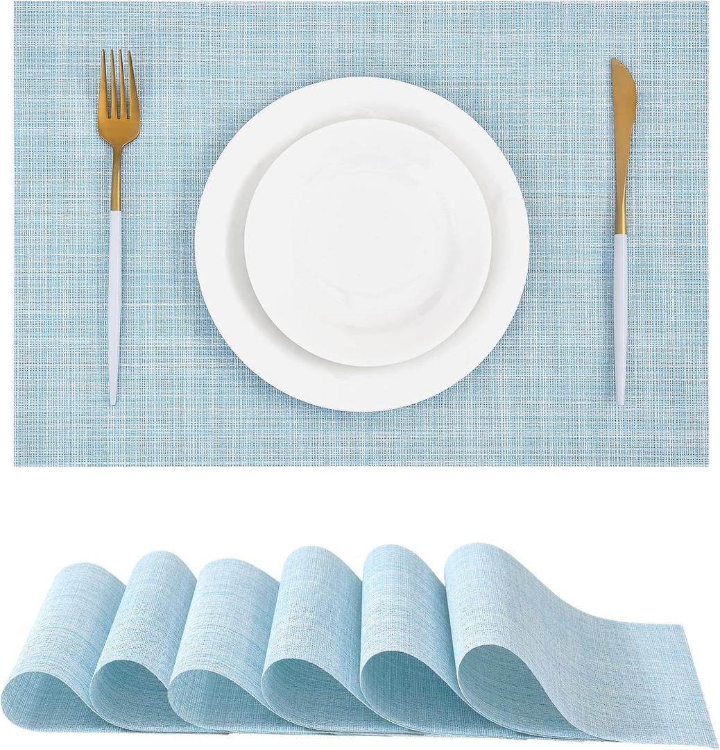 Leetaltree Soft Sky Blue Woven Placemats Set of 6 - Heat Resistant Non-Slip Place mats for Dining Table, Washable Durable PVC Vinyl Woven Table Mats(Sky Blue, 6)