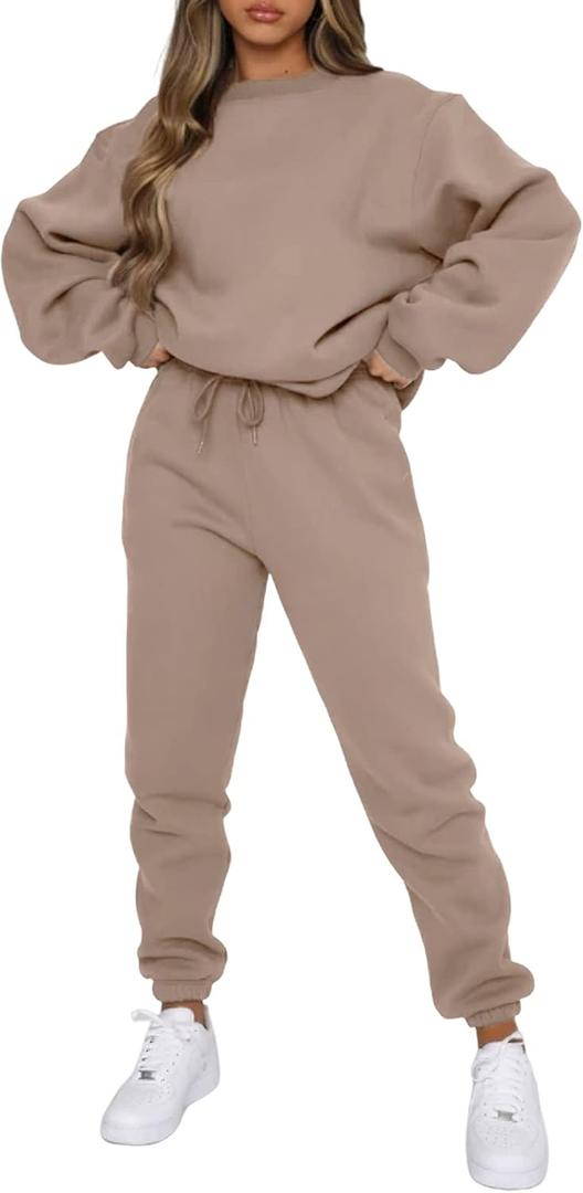 Viatabuna Women's 2 Piece Fleece Sweatsuit Outfit Long Sleeve Crewneck Pullover Sweatshirt Drawstring Jogger Pants Lounge Set (Brown, XL)