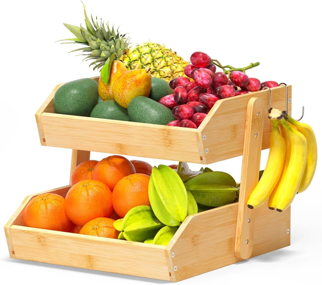 Gmtsl Bamboo Fruit Basket for Kitchen2 Tier Fruit Bowl For Kitchen Counter, Large Fruit Holder With 2 Banana Hangers, Idea For Fruit and Vegetable Storage, Bread Basket, Snack Organizer (BAMBOO)