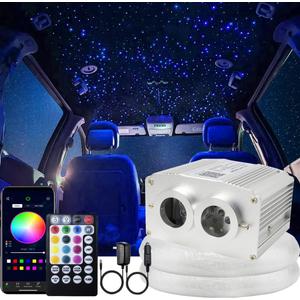 AZIMOM Two Port 16W Twinkle 800pcs Fiber Optic Starlight Headliner Kits 0.03in 13.1ft Fiber Strands Sound Activated Remote APP Control Dual Port Starlight Box Car Home Ceiling Decor