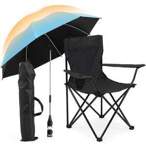 1 Set Beach Chair with Adjustable Umbrella for Adult, Low Folding Chair Detachable with Armrests Cup Holder, 360 Degree Universal Clamp UV Protection Umbrella for Sand Camping Pool