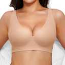 Popilush Wireless Bras Women Seamless No Underwire Push Up Bra Supportive Deep V Bralette Everyday Comfortable T-Shirt Bra (Large, Beige)