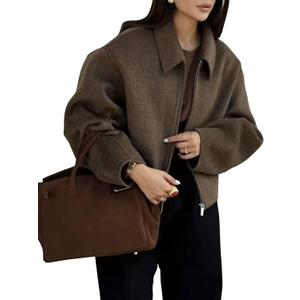 Womens Cropped Wool Jacket Plain Zipper Short Pea Coats Fall Winter Trendy Tweed Jackets 2025 (Medium, Brown)