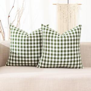 CARRIE HOME Sage Green Farmhouse Plaid Pillow Covers 16x16 Set of 2, 16 x 16 Spring Outdoor Checkered Pillows, Green and White Buffalo Plaid Throw Pillows (No Pillow Inserts)