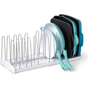 YouCopia StoreMore Expandable Cookware Rack, Adjustable Pan Organizer for Kitchen Cabinet Storage, White