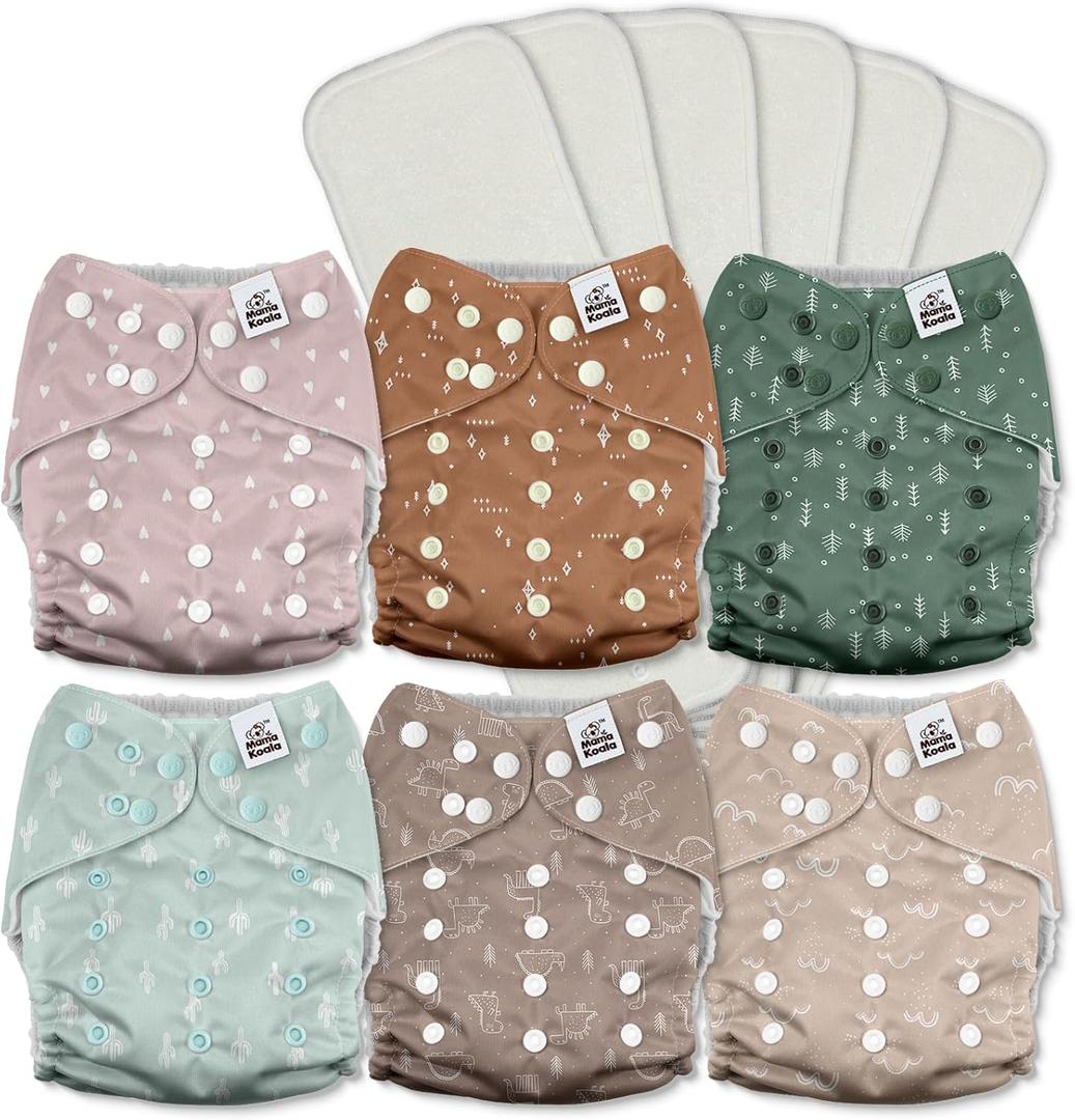 Mama Koala 3.0 Pocket Cloth Diapers for Babies with AWJ Lining, 6 Pack with 6 5-Layer Natural Cloth Diaper Inserts - Reusable and Washable Pocket Diapers(A-My Warm Heart)