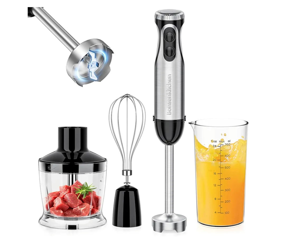 Bonsenkitchen 4-in-1 Immersion Blender Handheld, 20 Speeds Hand Blender with Turbo Mode, Stainless Steel Blade, Egg Whisk, Beaker & Chopper Bowl, Stick Mixer for Soup, Smoothie, Puree, Baby Food