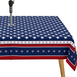 Fourth of July Outdoor Tablecloth with Umbrella Hole Memorial Day Patriotic Table Cloth American Flag, Stars Partio Table Cloths with Zipper-60 x84 Rectangle