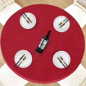 LUSHVIDA Round Waterproof Table Cover Elastic Vinyl Fitted Tablecloth Elastic Edged Plastic Table Cloth for Christmas (Red, Best for Up to 36"-44" Round)