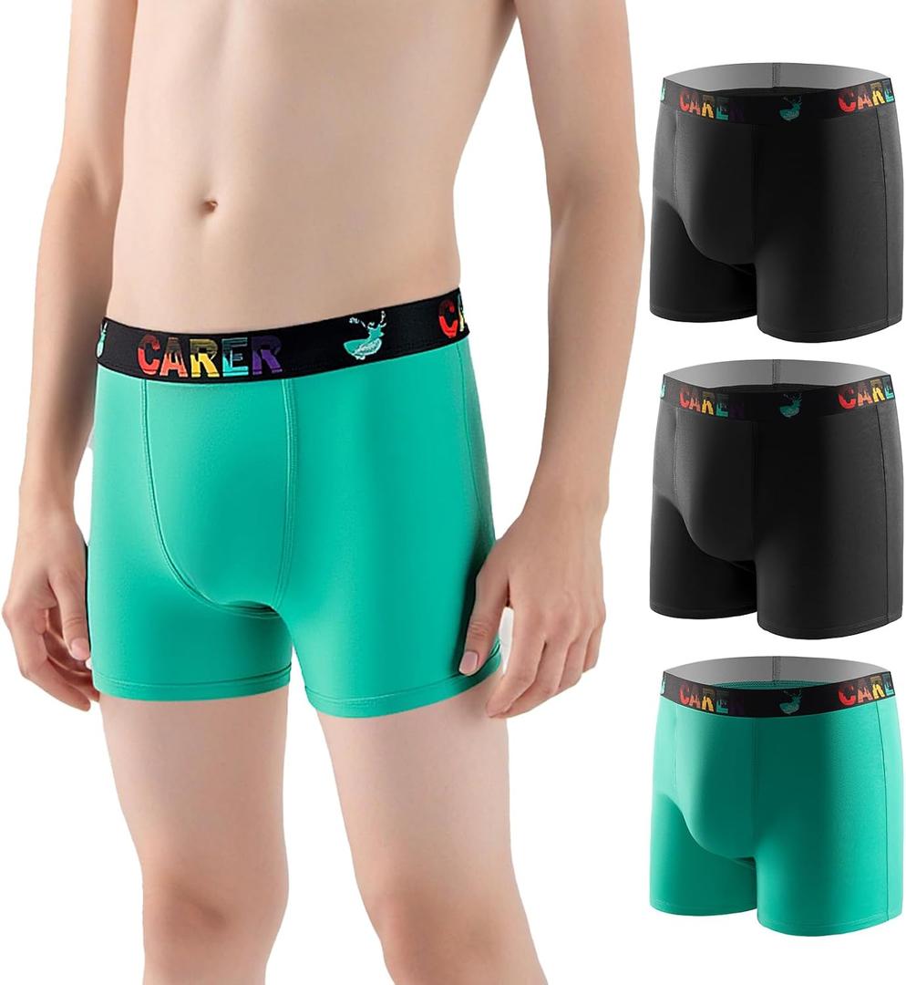 Carer 3 Pack Boys Incontinence Underwear Washable Reusable Kids Cotton Incontinence Boxer Briefs with Front Absorbency Leakproof Underwear for Youth Boys Age 4-18 S (1 Green/2 Black)