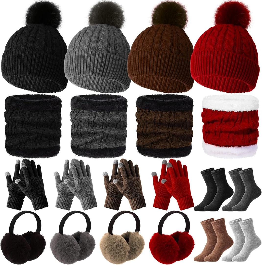 Suhine 20 Pcs Winter Warm Hats and Gloves Knitted Scarf Foldable Ear Muffs and Socks Warmer Set for Men Women Ski Outdoor (Classic Colors)