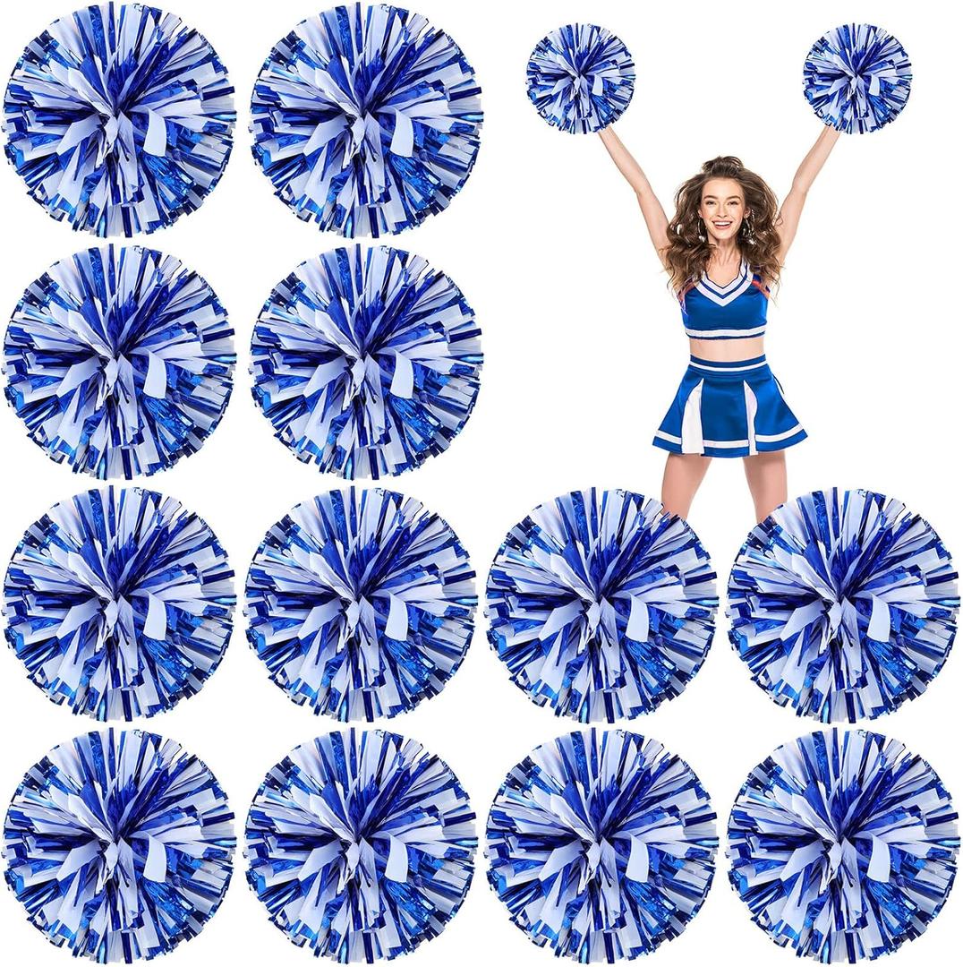 Deekin 12 Pcs Cheerleading Pom Poms Cheerleader Squad Spirited Fun Pompoms 12 Inch Metallic Foil Cheer Pom Poms with Handle Flowers for Sport Team Dance Costume Party 50g Weight Each (Blue and White)