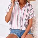 SySea Womens Short Sleeve Striped Shirts Casual Button Down V Neck Work Blouses Tops, M
