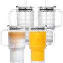 16 Oz Glass Tumbler Cup With Handle, 4 Pack Iced Coffee Cup For Cold/Hot Drinks, Modern Coffee Mug Mason Jar For Smoothies, Juice, Coffee, Tea (Round Grid Pattern)