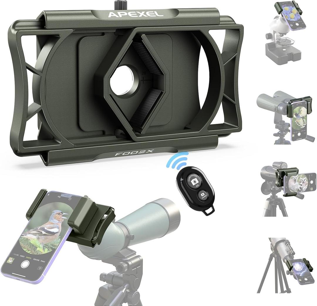 Upgraded Telescope Phone Adapter, Rotatable 360 Binocular Photo Adapter for Android & iPhone,Smartphone Holder Mount for Telescope,Monocular,Binocular,Spotting Scope,Microscope with Bluetooth Shutter (Army Green)