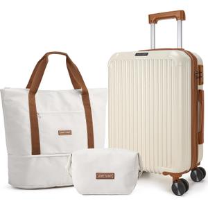 LIGHT FLIGHT 3-Piece Luggage Sets, Expandable Carry On Suitcase, Beige | Durability, Spinner Wheels, Hardside Lightweight, TSA Lock, Durable, PC+ABS, Mobility,