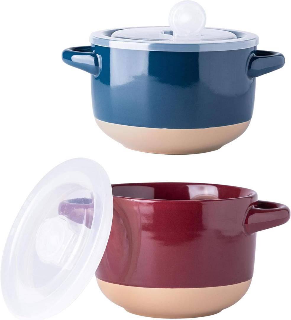 AmorArc 24 Ounces Soup Bowls with Large Handles and Lids, Stoneware Bowls Set of 2 for Soup, Cereal, Stew, Noodle, Colourful Ceramic Kitchen Bowls, Microwave&Dishwasher Safe, Blue&Red