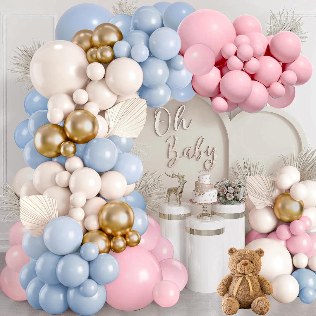 Gender Reveal Balloon Arch Kit, Blush Pink and Blue Balloons Metallic Gold Sand White Balloons for Boy and Girl Gender Reveal Boho Bachelorette Birthday Baby Shower Neutral Bear Theme Decorations