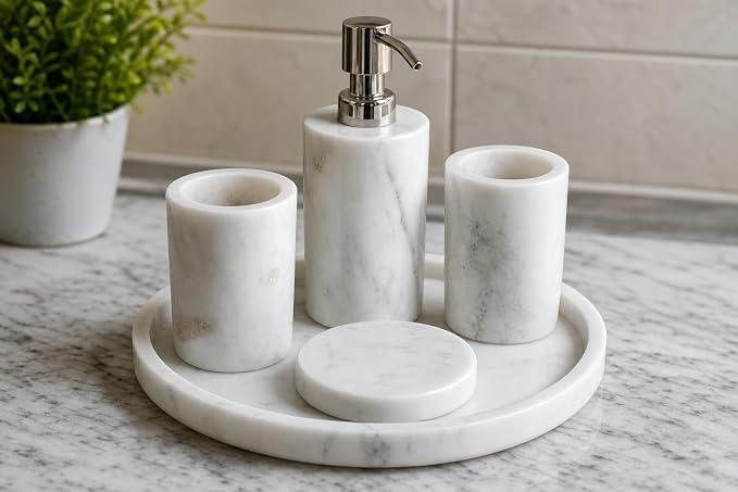 Premium White Marble Bathroom Accessories Set | 5 Piece Bathroom Set with Liquid Soap Dispenser, 2 Toothbrush Holders, Soap Holder & Marble Tray | Elegant Bathroom Countertop Organizer